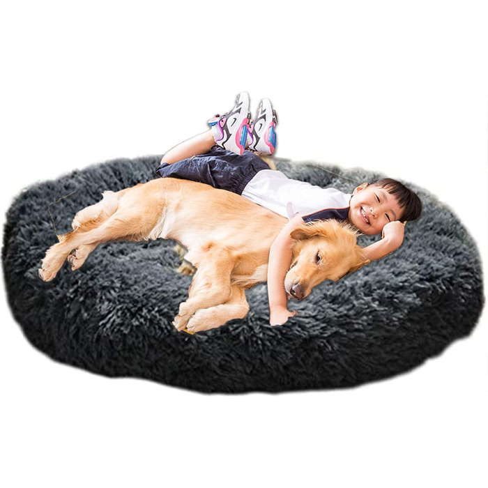 Крісло-лежанка для собак HANHAN у вигляді пончика, XL/XXL, ортопедичне, м'яке, заспокійливе, антистрес, софа, затишна печерка, легко миється, середній матрац, велике, темно-сіре