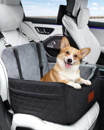 Автокрісло для собак маленьких порід, переносна лежанка для собак з memory foam, знімний та пральний чохол, автокрісло для собак з 3-точковими ременями безпеки (Чорний/Сірий, Маленький)