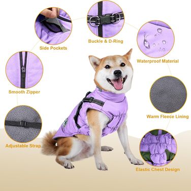 Зимовий теплий одяг для собак, водонепроникна куртка з захистом живота, для великих та середніх собак (XXL, фіолетовий)