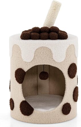 Кігтеточка GYMAX для котів, кігтеточна колона у формі молочного коктейлю, з будиночком та іграшками, 37x37x67 см (колір кава)