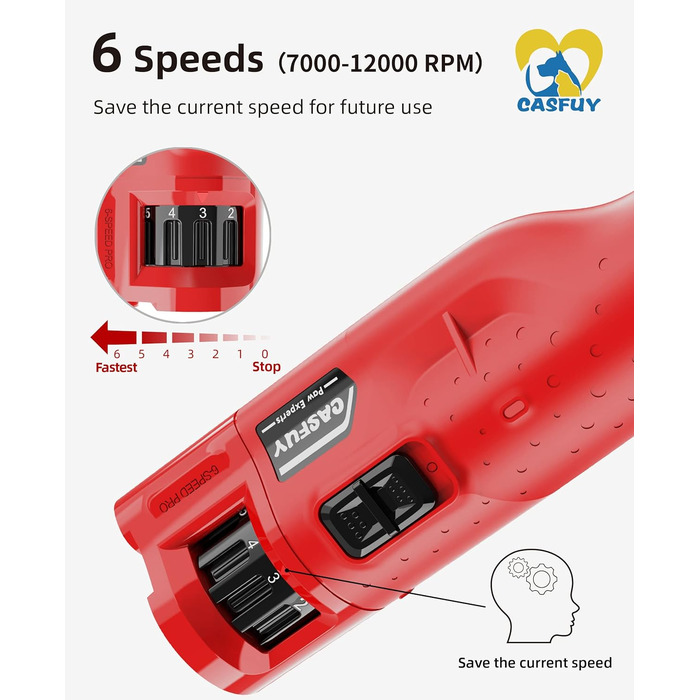 Електричний точило для кігтів собак Casfuy - 6 режимів, 45 дБ, з LED-підсвічуванням, для собак та котів великих, середніх та малих порід. Червоний