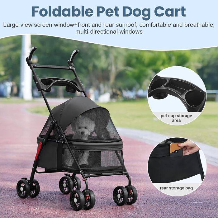 Транспортувальна візок для собак, легкий та складаний, з регульованим козирком, анти-вислизання, гальма та багажник (до 10 кг), чорний