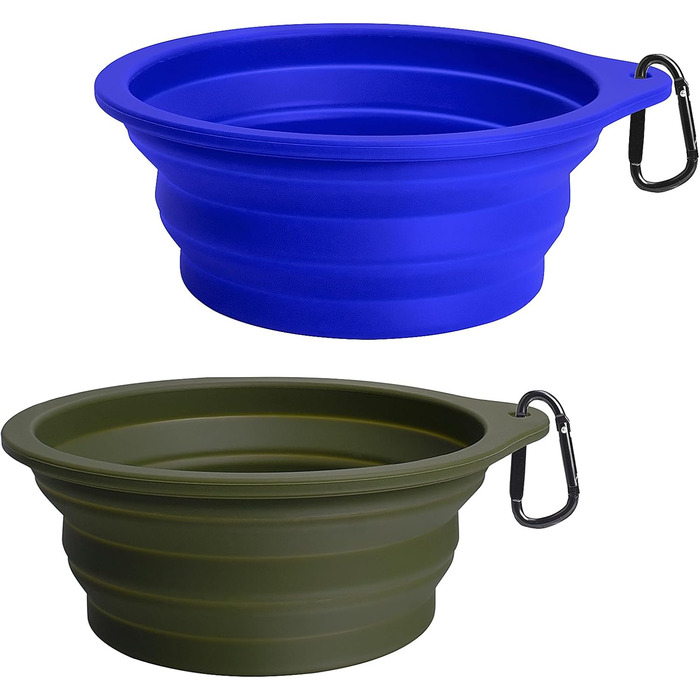 Складані годівниці для собак PetBonus, 2 шт. Силіконові миски для води для собак у подорожах, портативні, не проливаються, з карабіном для собак та котів, для води та корму (600 мл, Армійний зелений, Синій)