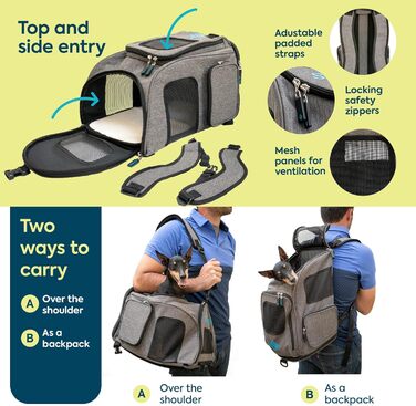 Рюкзак-переноска для тварин Sherpa 2-в-1, сірий, розмір M (43x27x28 см), дозволений авіакомпаніями, машинного прання, з сітчастим вікном, безпечними замками, легким каркасом