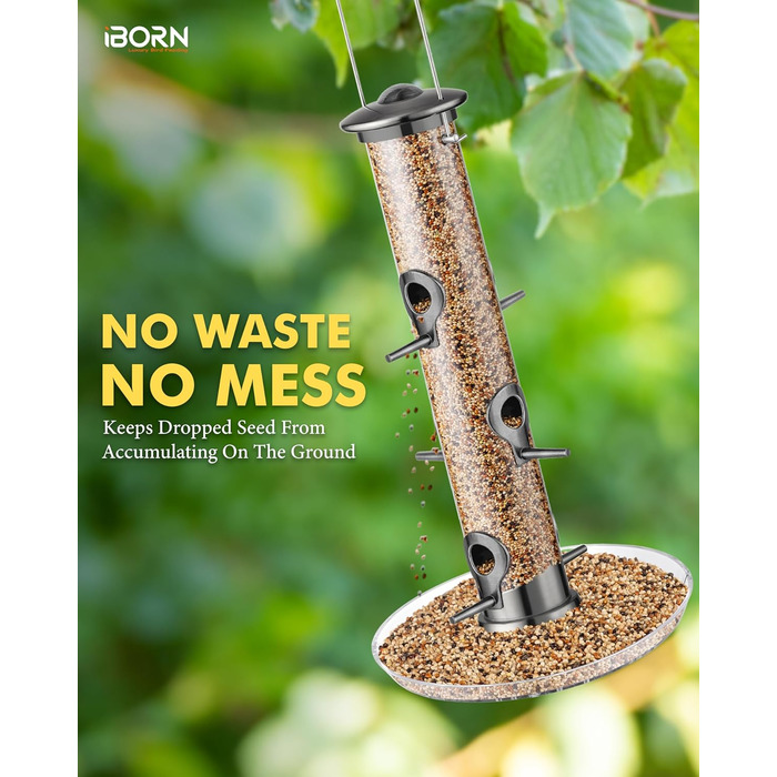 Годівниця для птахів iBorn з 6 місцями для підльоту, 20 см тарілка, з алюмінію, 38 см (чорна)