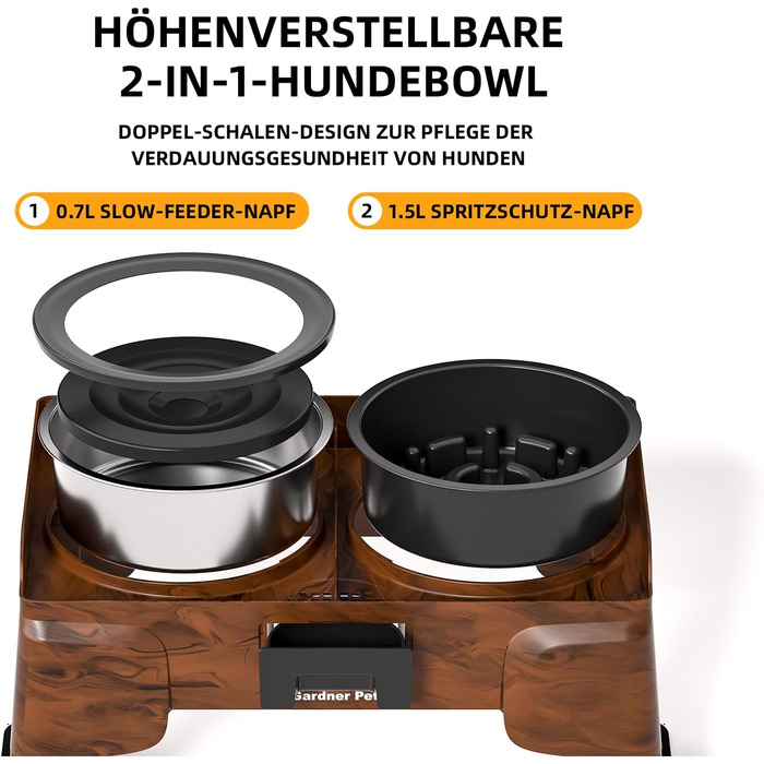 Підвищена годівниця для собак Gardner, 2-в-1: миска для води без розливання та миска для повільного годування з регульованою висотою, 5 рівнів, протиковзна годівниця для середніх та великих собак