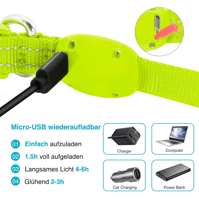 Світловідбиваючий нашийник для собак KOSKILL з USB-зарядкою, LED, водонепроникний, регульований, надзвичайно яскравий, для середніх та великих собак (зелений)