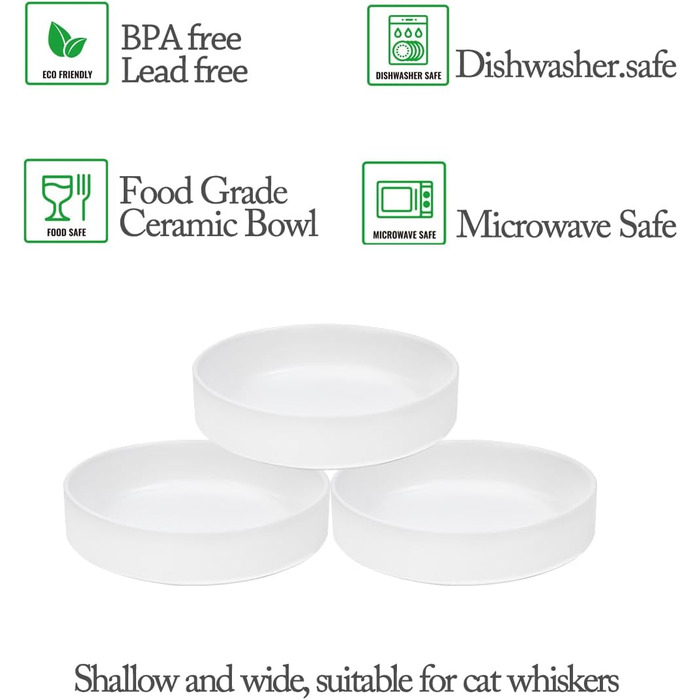Набір мисок для котів з кераміки, 3 шт. – миски для котів та кошенят, 15 x 4 см, білий