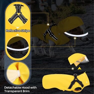 Дощовик для собак SlowTon з нагрудником, знімна капюшон, водонепроникна куртка на блискавці, двошаровий пончо для собак з світловідбиваючими елементами (Жовтий, XXL)