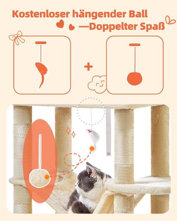 Декількаповерховий комплекс для котів Taoqimiao 170 см з будиночками, гамаком, корзиною та 8 стовпчиками для дряпання, MS013M, бежевий