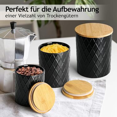 Набір з 3 вазок для зберігання Miamio Palmanova, кераміка з дерев'яним кришкою, білий та чорний кольори