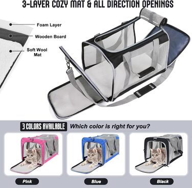 Транспортна сумка для великих котів (до 9 кг), складана переноска для котів/2 кошенят, м'які стінки, переноска для собак з надійним ремінним кріпленням, чорного кольору
