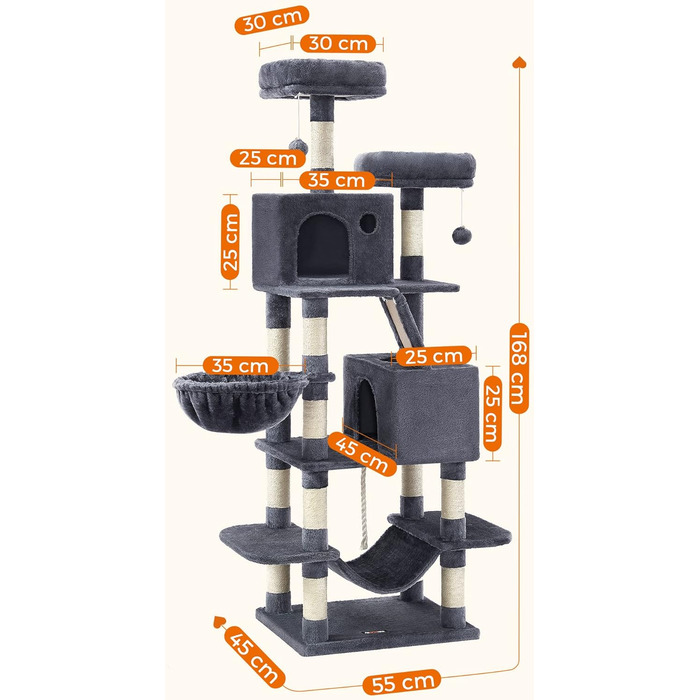 Комплекс для котів Feandrea PCT165G01, 168 см, сірий, з 13 стовпчиками, 2 платформами, 2 будиночками, гамаком та іграшками