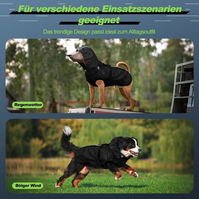 Водонепроникна куртка для собак OUOBOB з відбиваючими смугами, нагрудник H-подібної форми (D-кільце) та знімний капюшон з візором, ідеально підходить для середніх/великих собак [Неоновий зелений, розмір] Зелений (3XL, Чорний)