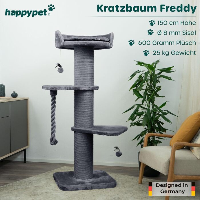 Котячий комплекс HAPPYPET Freddy 150 см для великих котів, міцний когтеточка для мейн-кунів, натуральний сизаль, стовпи 20 см, сірий, преміум-якість