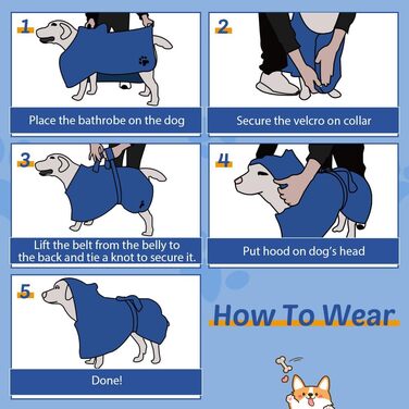 Рушник для собак з капюшоном, вбираючий рушник для сушіння після купання, підходить для собак та котів усіх порід, розмір L (блакитний)