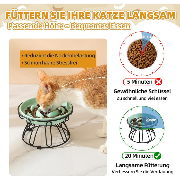 Підвищена годівниця для котів Anti Schling Napf - керамічна миска з антиковзним металевим підставкою, серія Pastel, повільне годування, інтерактивна лабіринтова годівниця, м'ятно-зелений колір