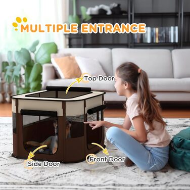 PawHut Вольєр для собак, переносна клітка-вольєр для домашніх тварин, складаний вольєр для собак та котів з сумкою для зберігання, 114 x 89 x 59 см, (Колір: Коричневий, Розмір: S)