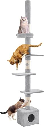 Котячий комплекс Yaheetech XXL 226-265 см, регульований, сучасний кріселко-дерево з когтеточками, будиночком і платформами, світло-сірий