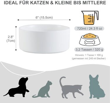 Керамічна миска для собак, годівниця для собак - неслизька миска для собак маленьких та середніх порід, миска для води для великих котів - керамічна миска для корму та води - 15 см - 320 г / 720 мл - біла