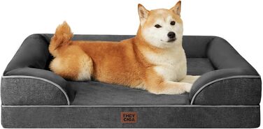 Ортопедичне ліжко для собак великих порід, 91x68 см, з Memory Foam, кошик для собак середніх порід, миється, водонепроникне, неслизьке, диванчик для собак з високим бортиком, темно-сірий колір, розмір 91 x 68 x 17 см