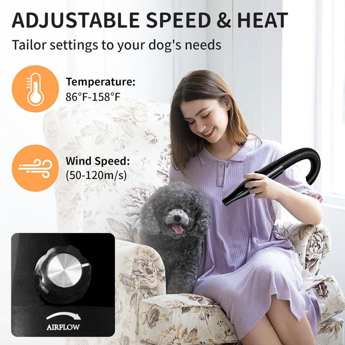 Сушарка для собак 3200W - безшумна сушарка для собак з регулюванням швидкості та температури, 4 насадки, щітка
