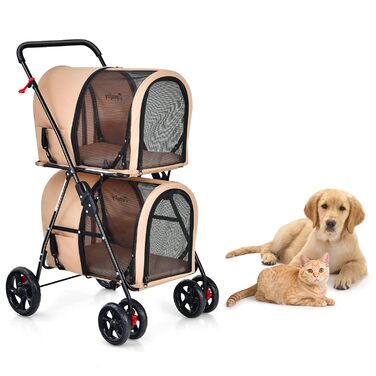 Візок для тварин GOPLUS 2-рівневий складний, 3-в-1, для котів та собак (Бежевий)