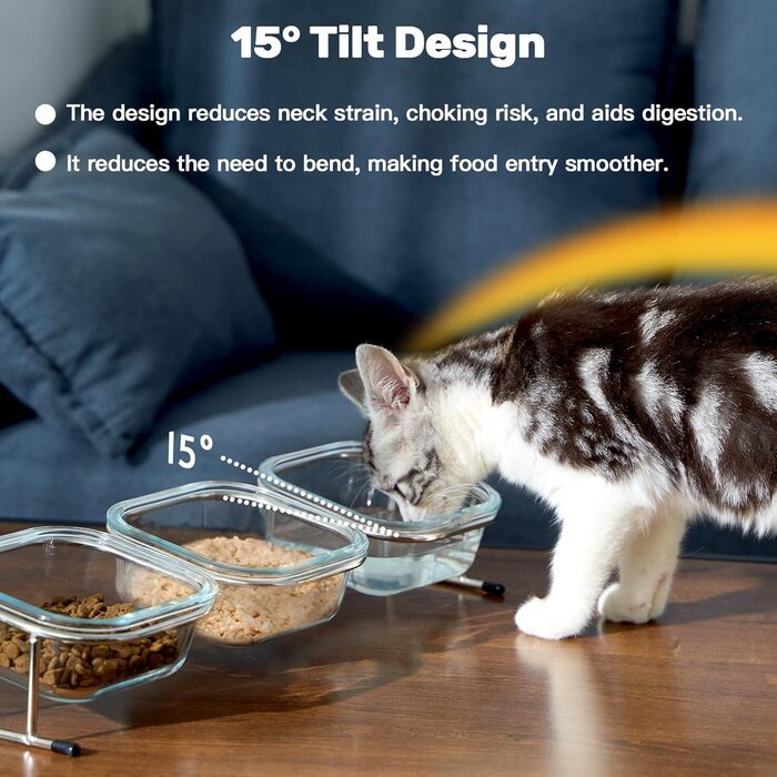 Підвищені миски для котів, 15° нахил, скляні миски для корму, нержавіюча сталь, антиковзні ніжки, 3 миски, для котів та маленьких собак