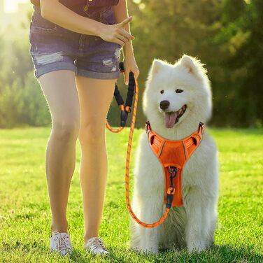 Шлея для собак BARKBAY без натягу, міцна, світловідбивна, зручна ручка, для великих порід, з кишенею для ідентифікатора, помаранчева, розмір L