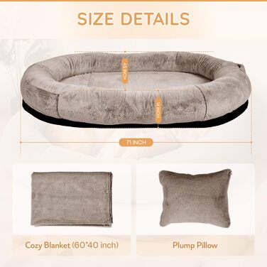 Ліжко для собак та людей NESTROAD, 180x114x35 см, знімний чохол з штучного хутра та ковдрою, велике ліжко-мішок для відпочинку, колір: верблюжий