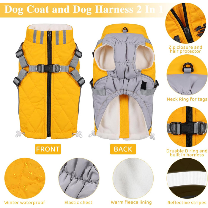 Водонепроникний зимовий одяг для собак Poseca з інтегрованим повідком (жовтий, L)