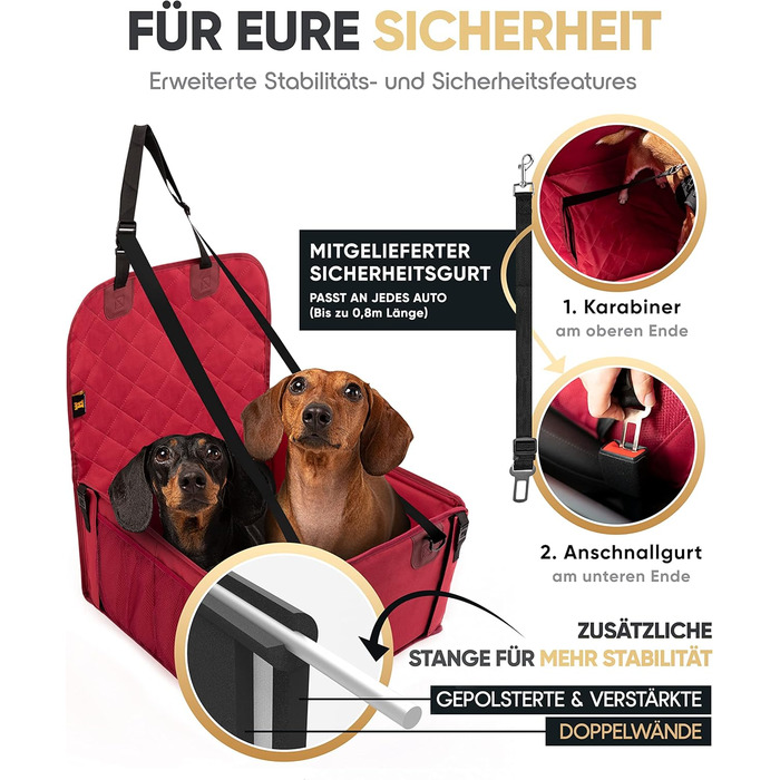 Автокрісло для собак HELDENWERK Extra Stabiler - надійне, водонепроникне, з 5 ременями, для заднього та переднього сидіння (Червоний, Стандартний розмір)