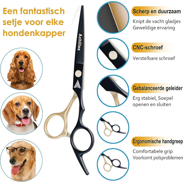 Професійний набір ножиць для собак Achilles 6 дюймів - чорний та золотий