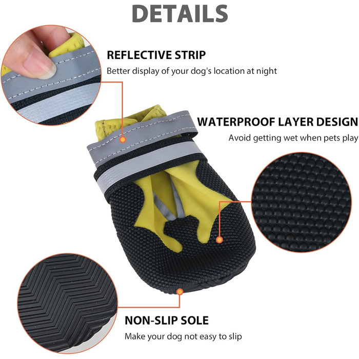Жовті чоботи для собак REESTBOO, XXL, 4 шт. Водонепроникний захист лап, антиковзаючі, з світловідбиваючим ремінцем, на липучці. Підходять для великих собак, снігу та дощу.