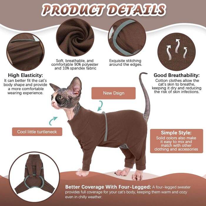 Светр для котів Sphynx, м'який дихаючий костюм для котів з чотирма штанинами, одяг для Cornish Rex, Devon Rex, Peterbald