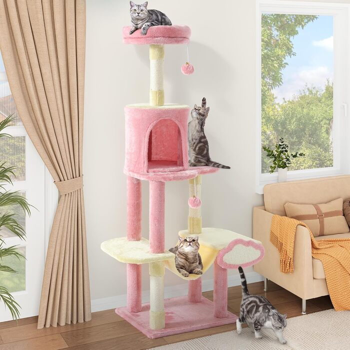 Кліматичний комплекс для котів YITAHOME XXL, 142 см, рожевий, з 8 стовпчиків сизалю, 3 платформи, 2 печери, гамак, іграшки, когтеточка, для дому
