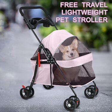 Візок для собак і котів до 10 кг, складний - рожевий. Зручний візок для тварин з регульованим дахом, сіткою та гальмом