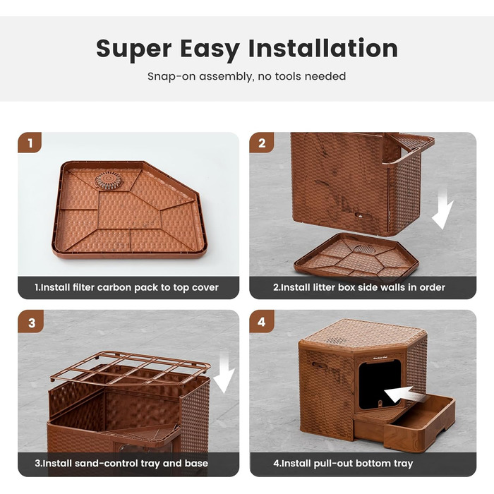 Торгова лоток для котів Gardner Pet з кришкою, великий, з висувним піддоном, сучасний дизайн плетіння ротангу, з фільтром з активованого вугілля, 50 x 50 x 50 см, базова версія