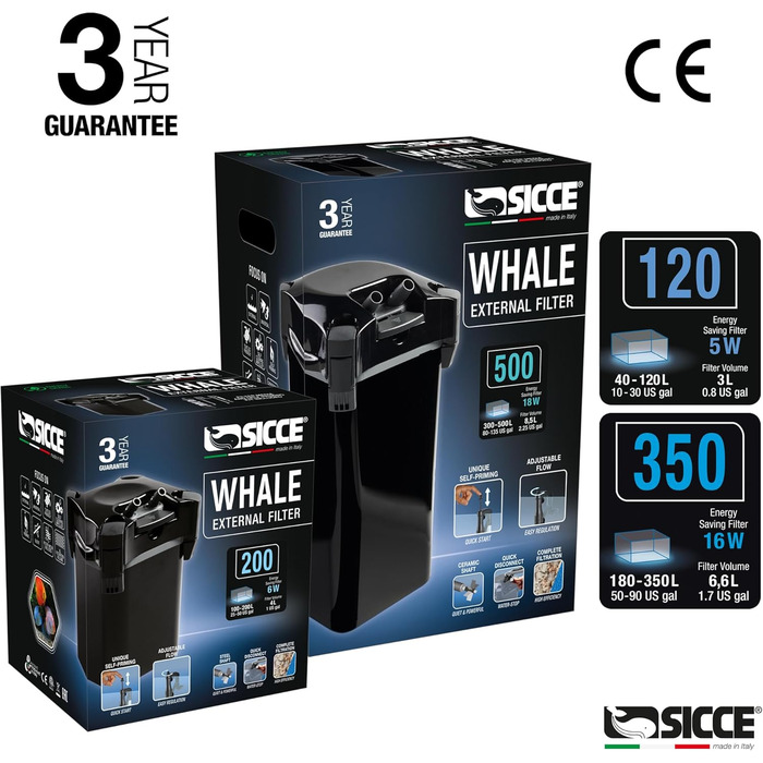 Зовнішній каністровий фільтр SICCE Whale 500 для акваріума, 390 GPH, ультратихий, для прісної та морської води, самовсмоктувальний, швидке від'єднання