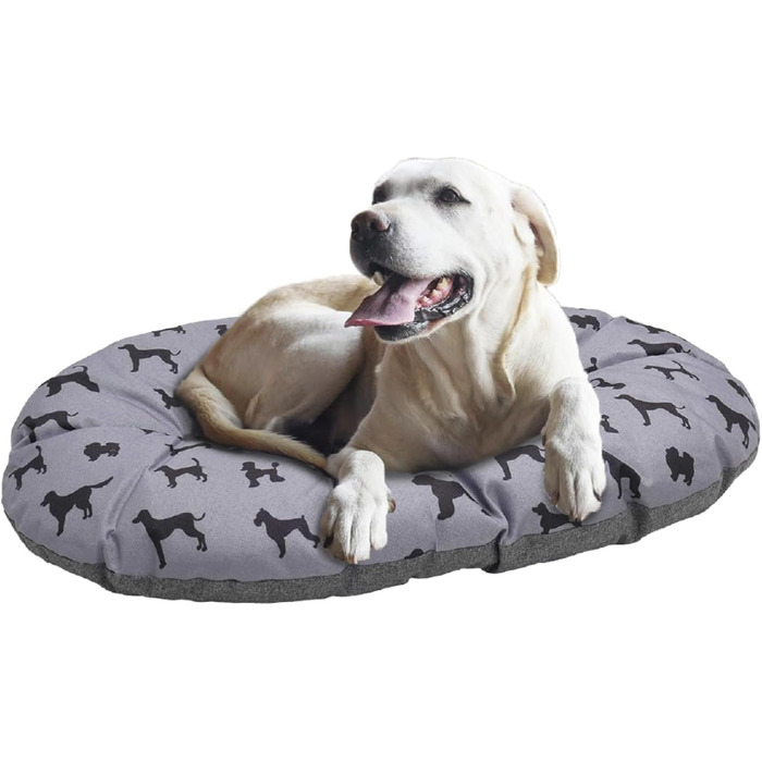 Килимок для собак Rosewood All Seasons Oval – великий, 94 см, двосторонній, з принтом собак & сірий, з виглядом льону – можна прати, зручний, для використання протягом року, розмір 20 x 60 x 20 см