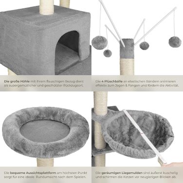 Дерево для котів tectake® XXL, велике, з лежаками, гамаком, будиночком, іграшками, мотузкою, стовпчиком для шліфування, чорний (сірий) - 165 см