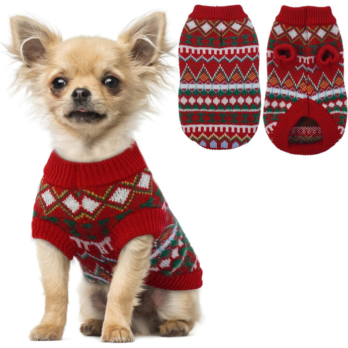 Пуловер для собак Boho, святковий пуловер для маленьких собак, теплий пуловер з отвором для повідка, червоно-зелений пуловер для чихуахуа, йоркширського тер'єра, джек-рассела, XS