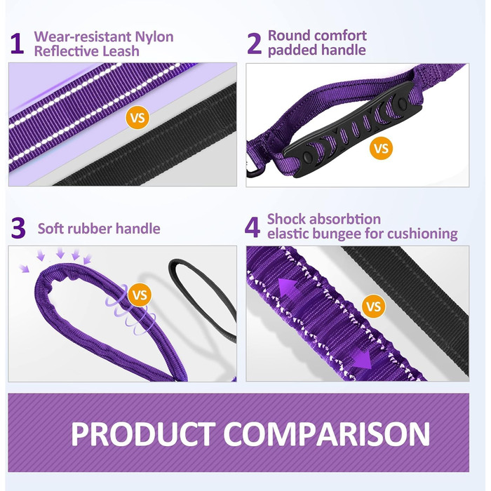 Нашийник для собак IOKHEIRA: регульований поводок (1,2-1,5 м) з безпечним кріпленням, м'який на дотик, з світловідбиваючими нитками (неоновий зелений, сливовий ліловий)