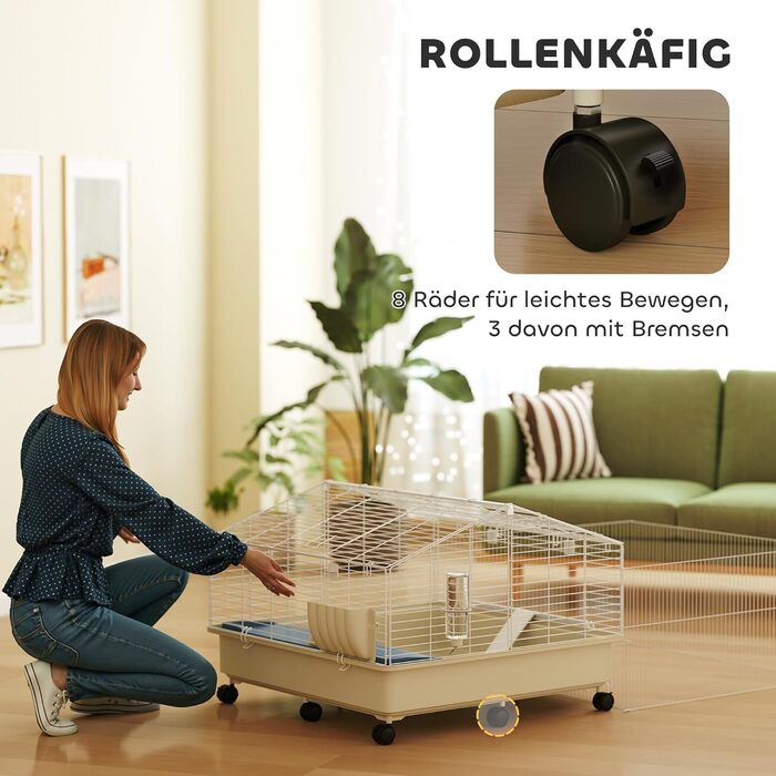 Клітка для дрібних тварин PawHut з вольєром, клітка для кроликів, клітка для дрібних тварин з пляшкою для води, годівницею для сіна, рампою, коліщатками. Підходить для морських свинок та їжаків. Білий колір.