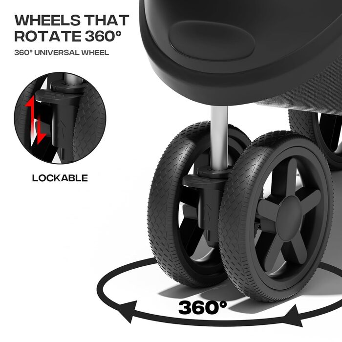 Візок для тварин: для собак та котів, 3 колеса, складаний, з кошиком та тримачем для напоїв, карбоновий чорний