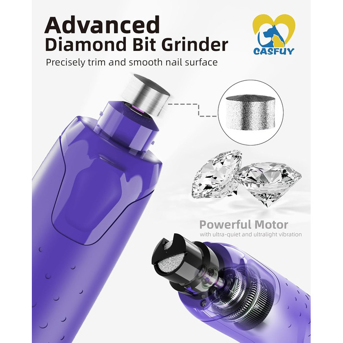 Електричний точилка для кігтів собак Casfuy - 6 режимів, 45 dB, з LED-підсвічуванням, для собак та котів великих, середніх та малих порід, фіолетовий