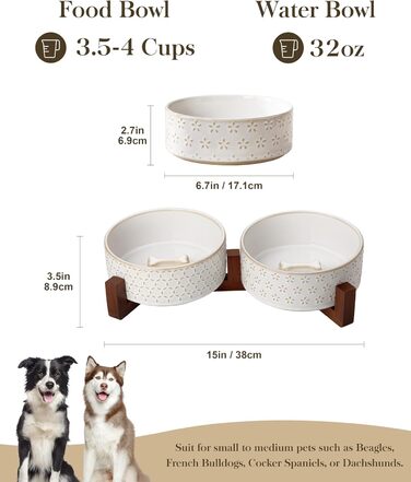 Набір мисок для собак Malacasa з підставкою з горіхового дерева, 3.5 чашок кераміки, миски для кормів та води для цуценят та собак, з антиковзним дном, підходить для собак та котів. В комплекті: п'ятилистове трав'яне добриво + стільнички.