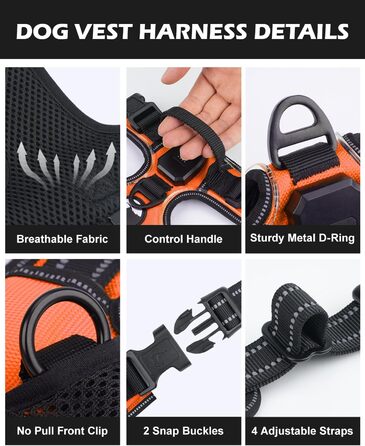 Світловідбиваючий нашийник для собак Joytale з LED, для середніх та великих собак, без натягування, з ручкою, регульований, для нічних прогулянок, зелений/помаранчевий, M/XL