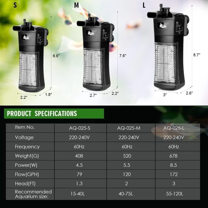 Фільтр для акваріума AQQA, внутрішній, 5.5W, 400 л/год, до 200 л