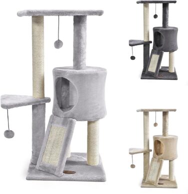 Дряпак для котів PATAM з натурального сизалю з котячою печерою та рампою, посилена основа та легка збірка – висота 83,5 см, іграшки Бежевий (Світло-сірий)